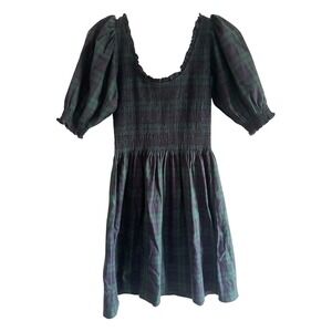 Hill House Home The Athena Nap Dress Green Navy Plaid Smocked Dress XS